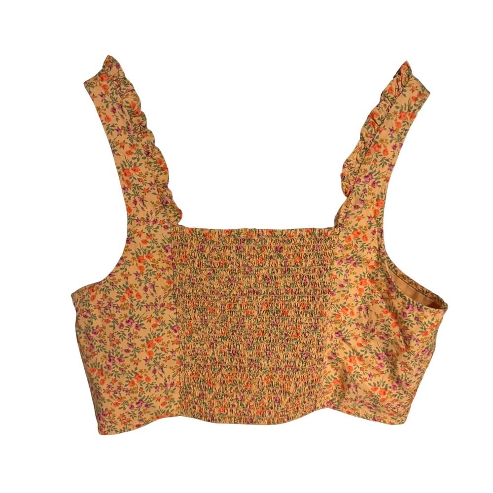 American Eagle Floral Crop Top Orange Yellow Ditsy Smocked Back Hook Eye Large